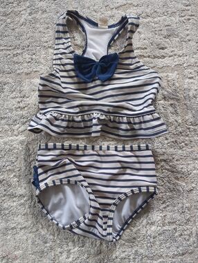 Ruffle Butts Navy & White Striped Ruffle Two-Piece Swim Set with Bow Size 2T